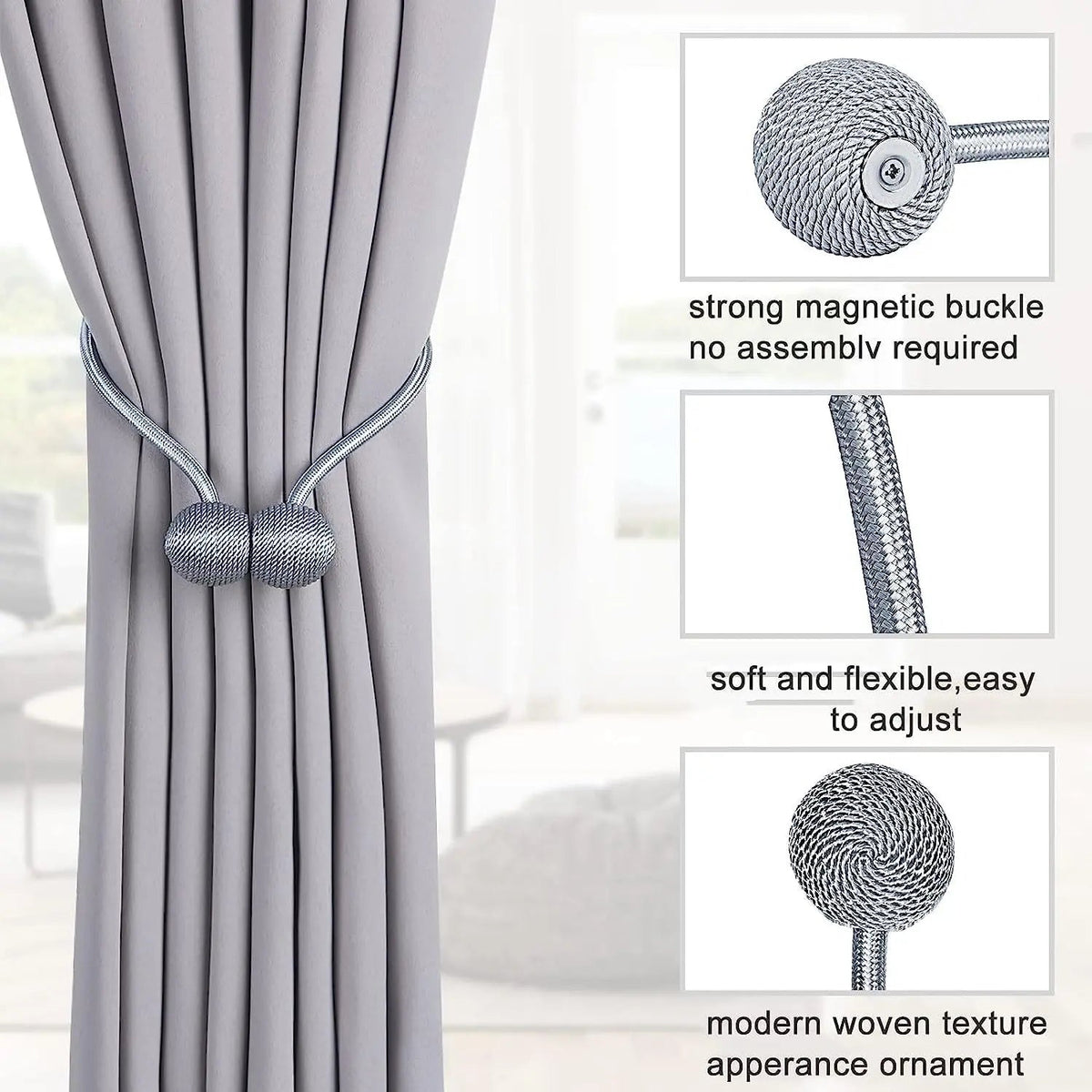 Magnetiske gardinholdere med snor – 2 stk.