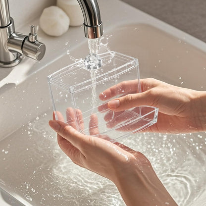 Vatpindebeholder i klar plast med bambuslåg – 9 × 7,2 × 9 cm