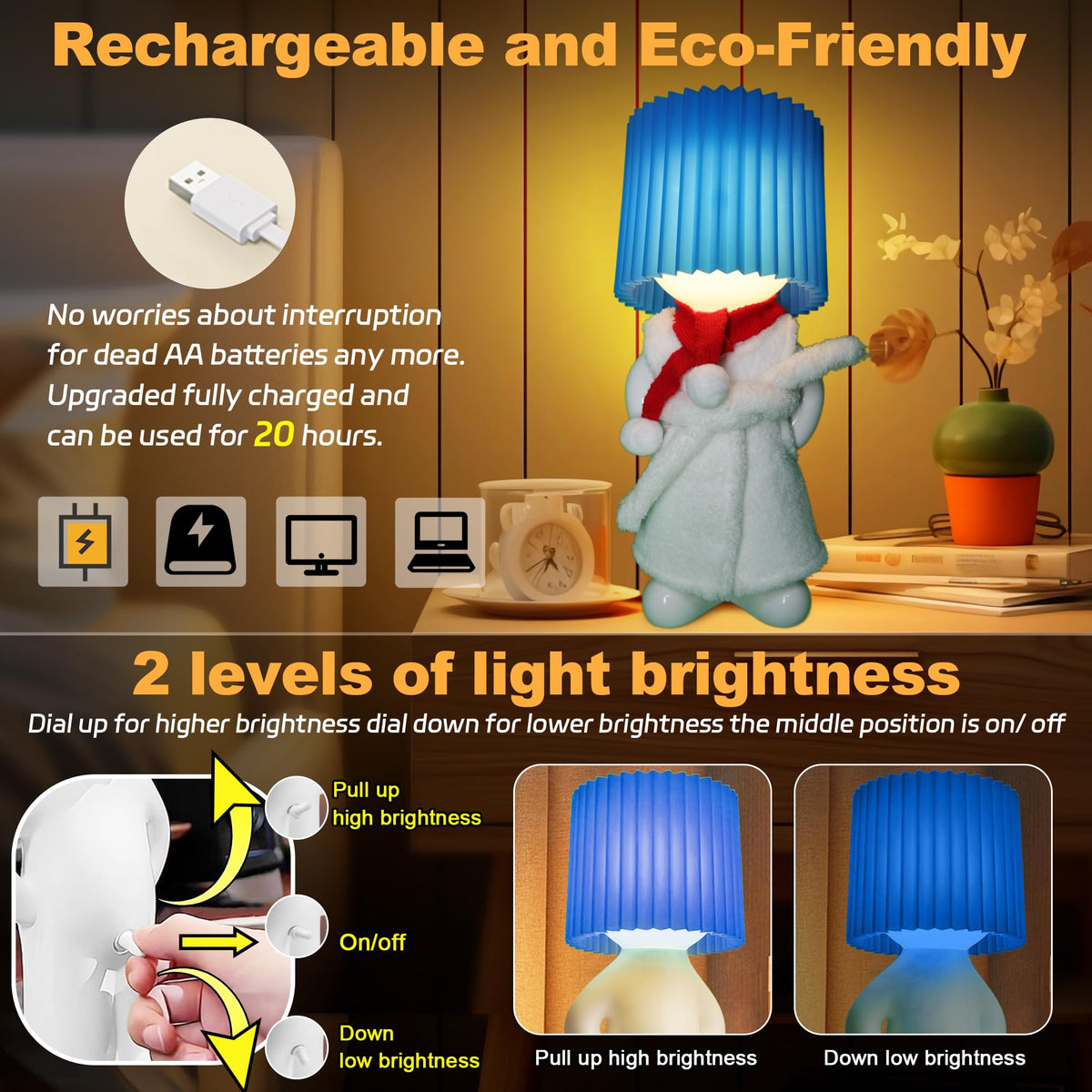 Genopladelig LED-natlampe med 2 lysstyrker – 13 × 13 × 31 cm