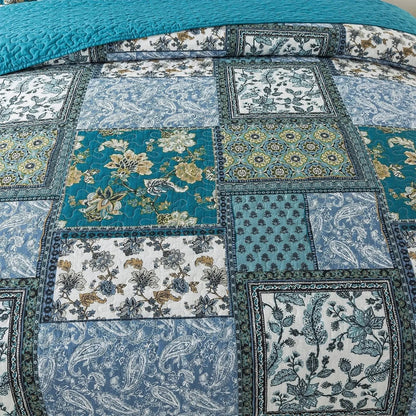 Vendbart sengetæppesæt med blomstret patchwork – 3 dele