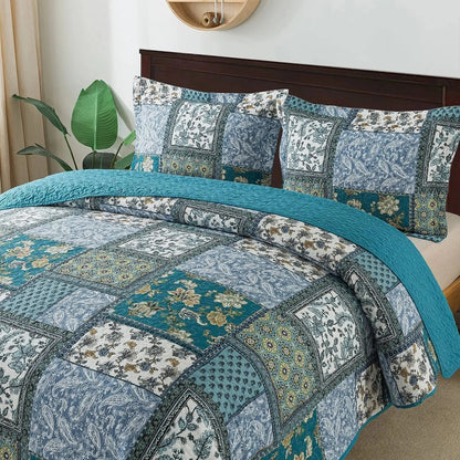 Vendbart sengetæppesæt med blomstret patchwork – 3 dele