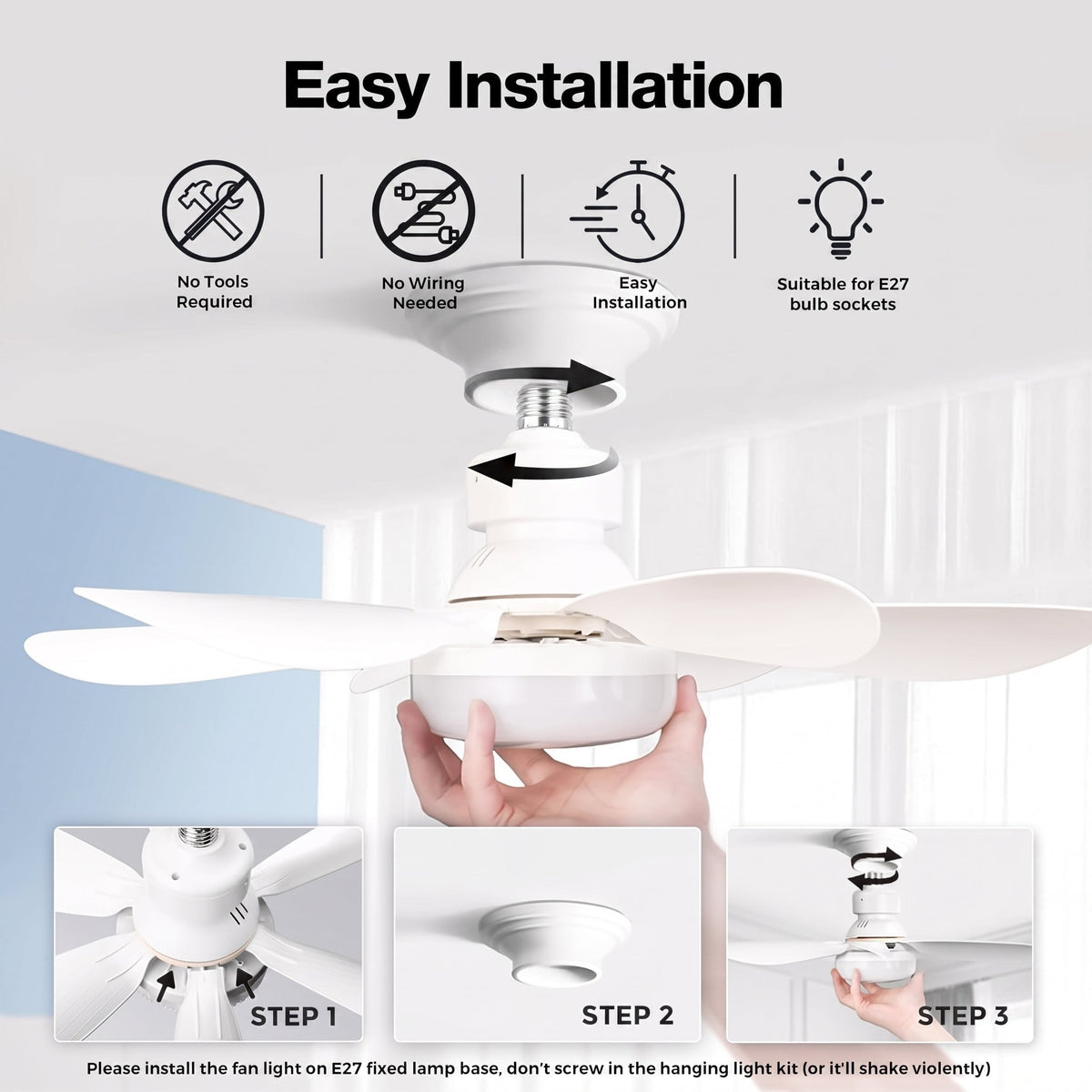 LED-lampe med loftventilator, E27 og fjernbetjening
