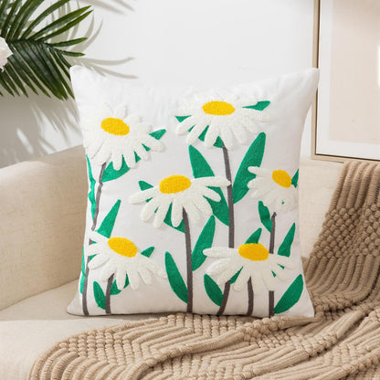 Pudebetræk i bomuldskanvas med broderede blomster – 45 × 45 cm