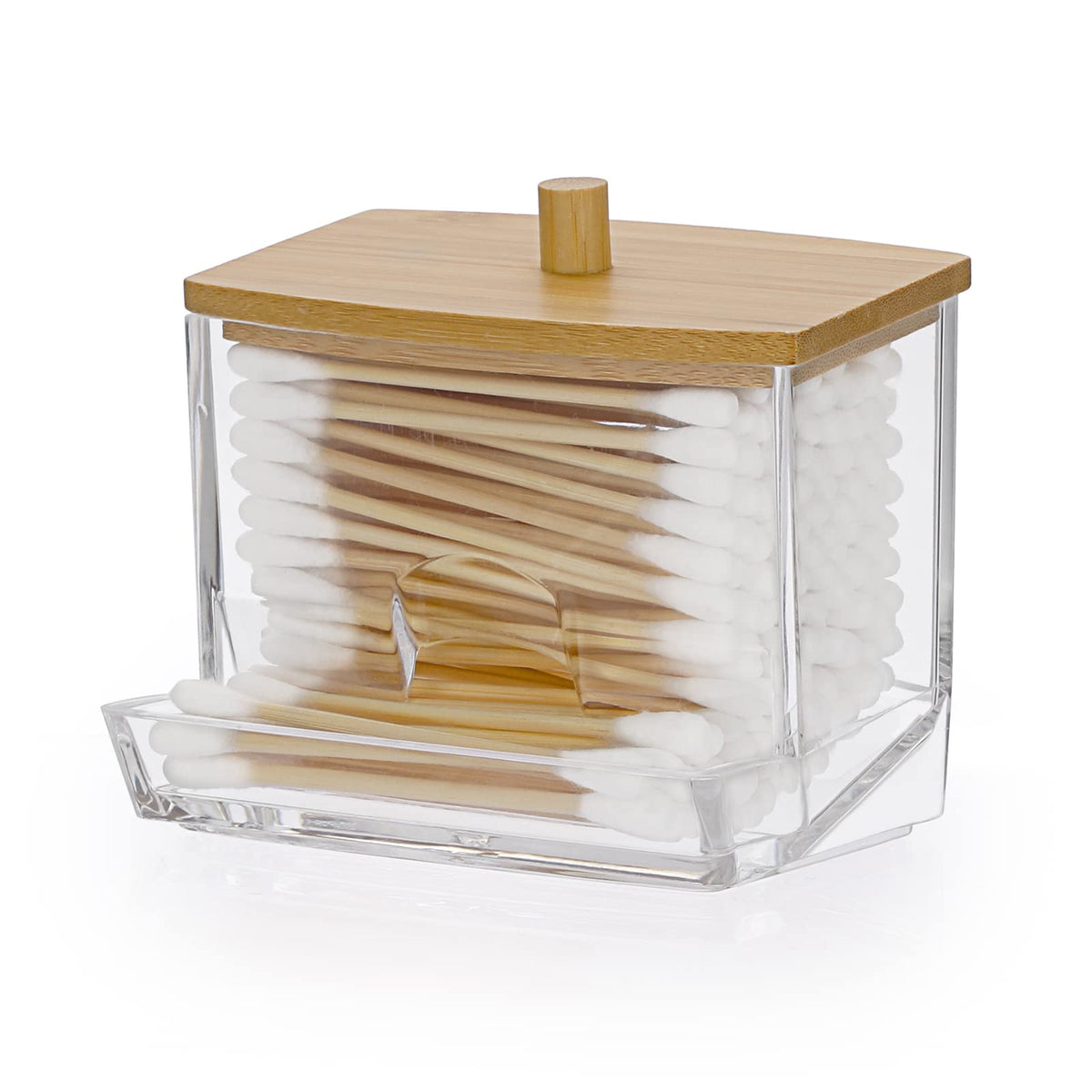 Vatpindebeholder i klar plast med bambuslåg – 9 × 7,2 × 9 cm