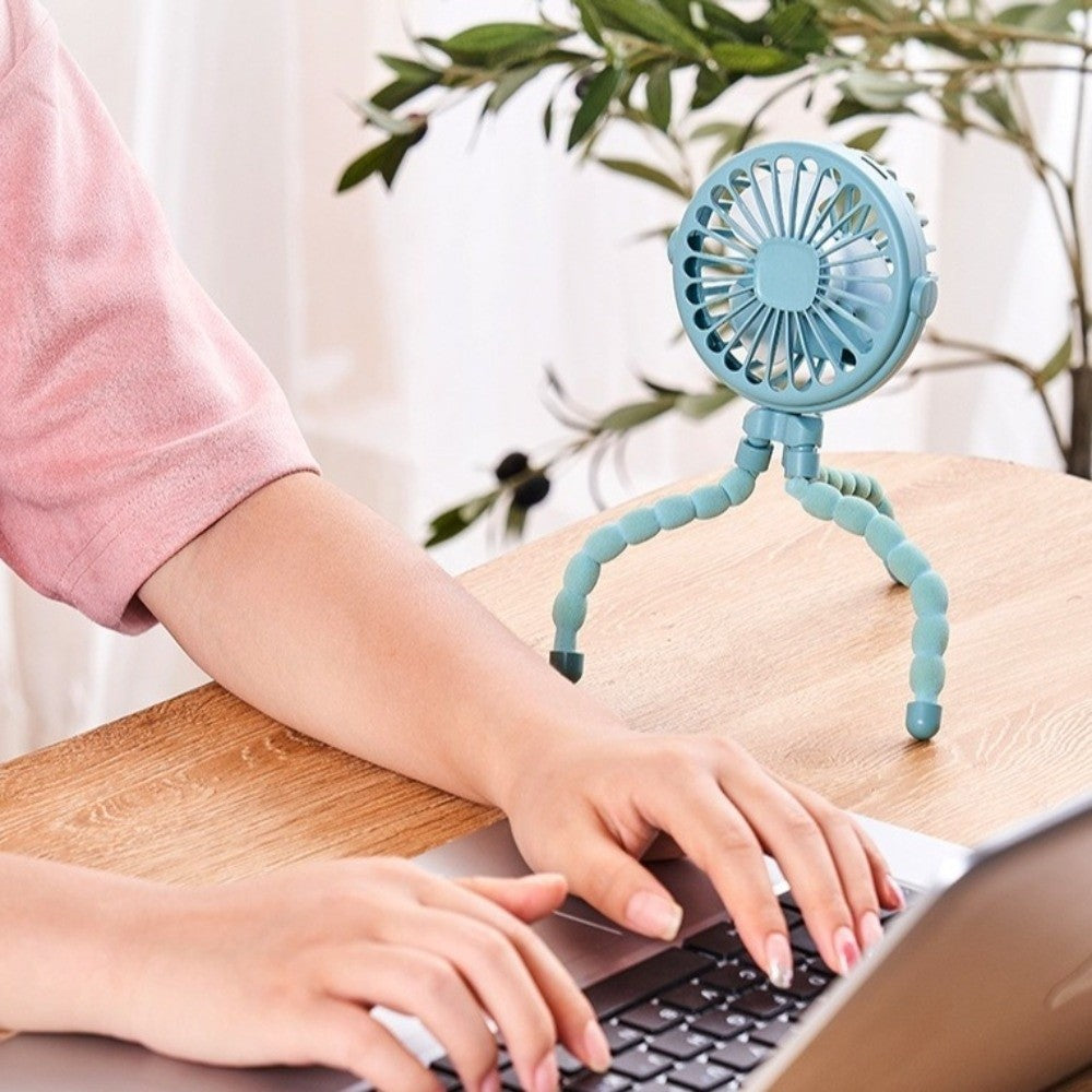 Genopladelig miniventilator med fleksible ben og LED-lys