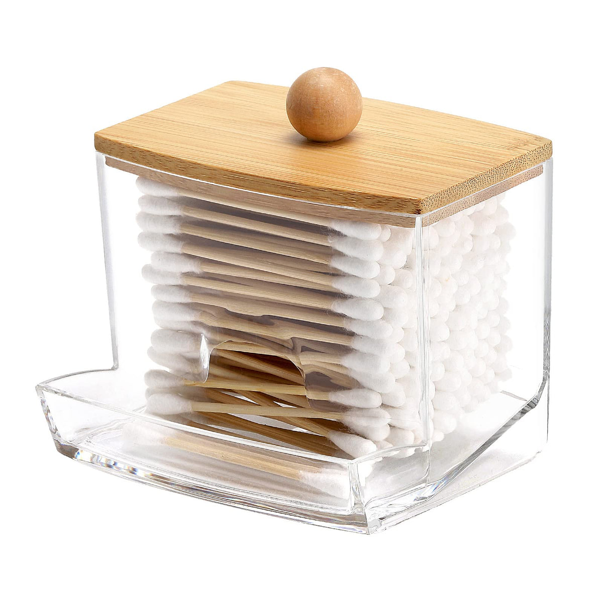 Vatpindebeholder i klar plast med bambuslåg – 9 × 7,2 × 9 cm