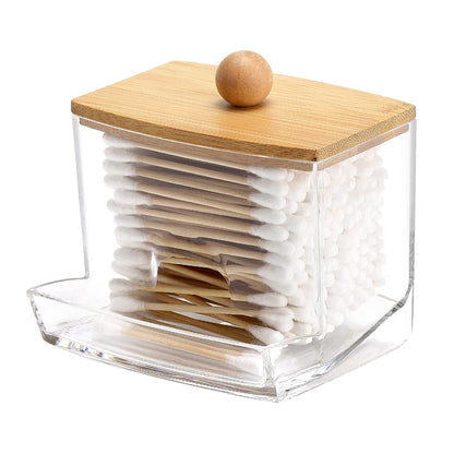 Vatpindebeholder i klar plast med bambuslåg – 9 × 7,2 × 9 cm