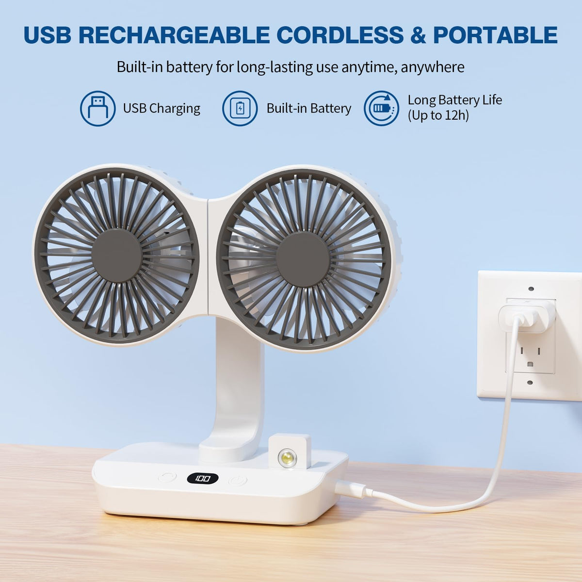 Genopladelig dobbelt bordventilator – 8000 mAh