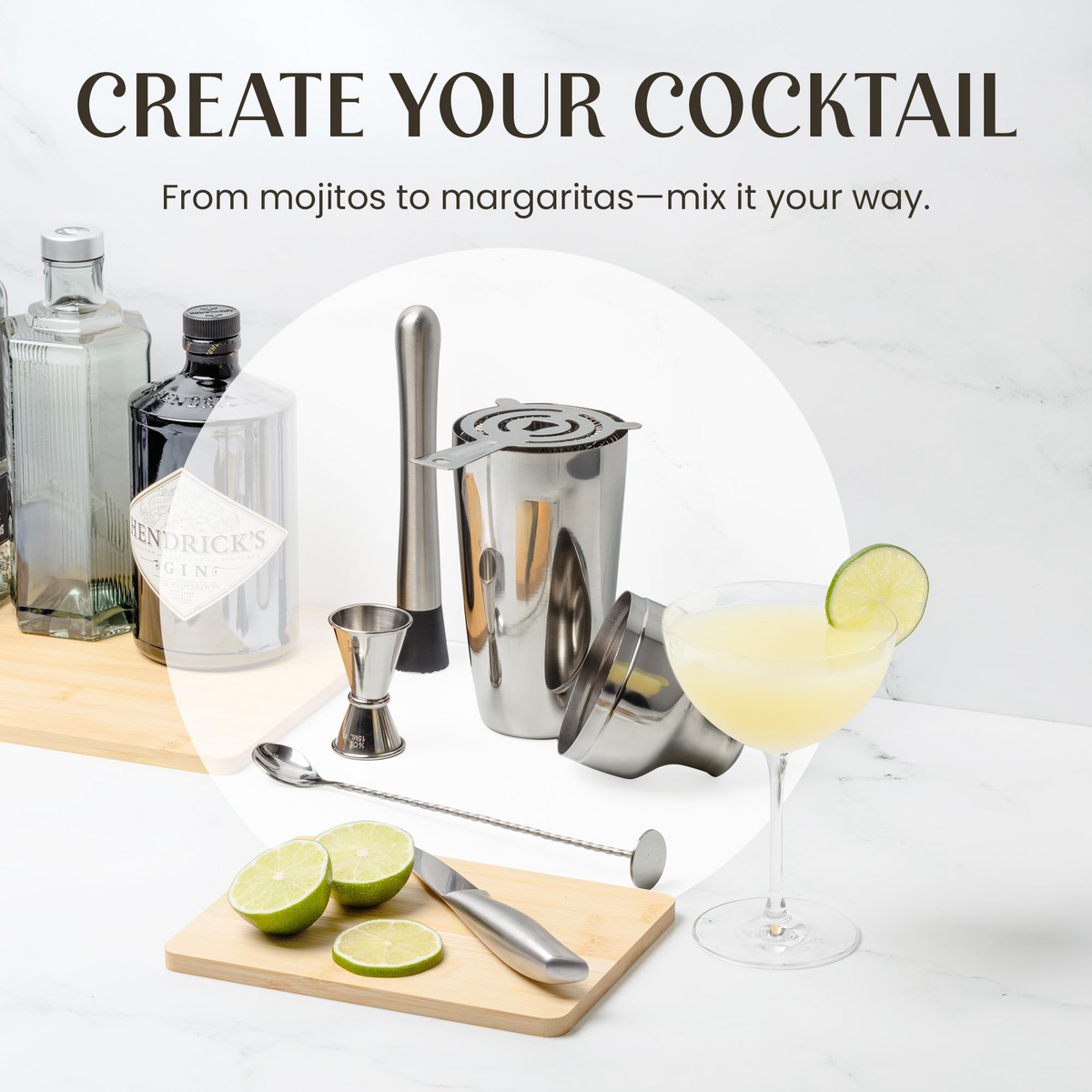 Cocktailsæt i rustfrit stål med shaker 750 ml – 10 dele