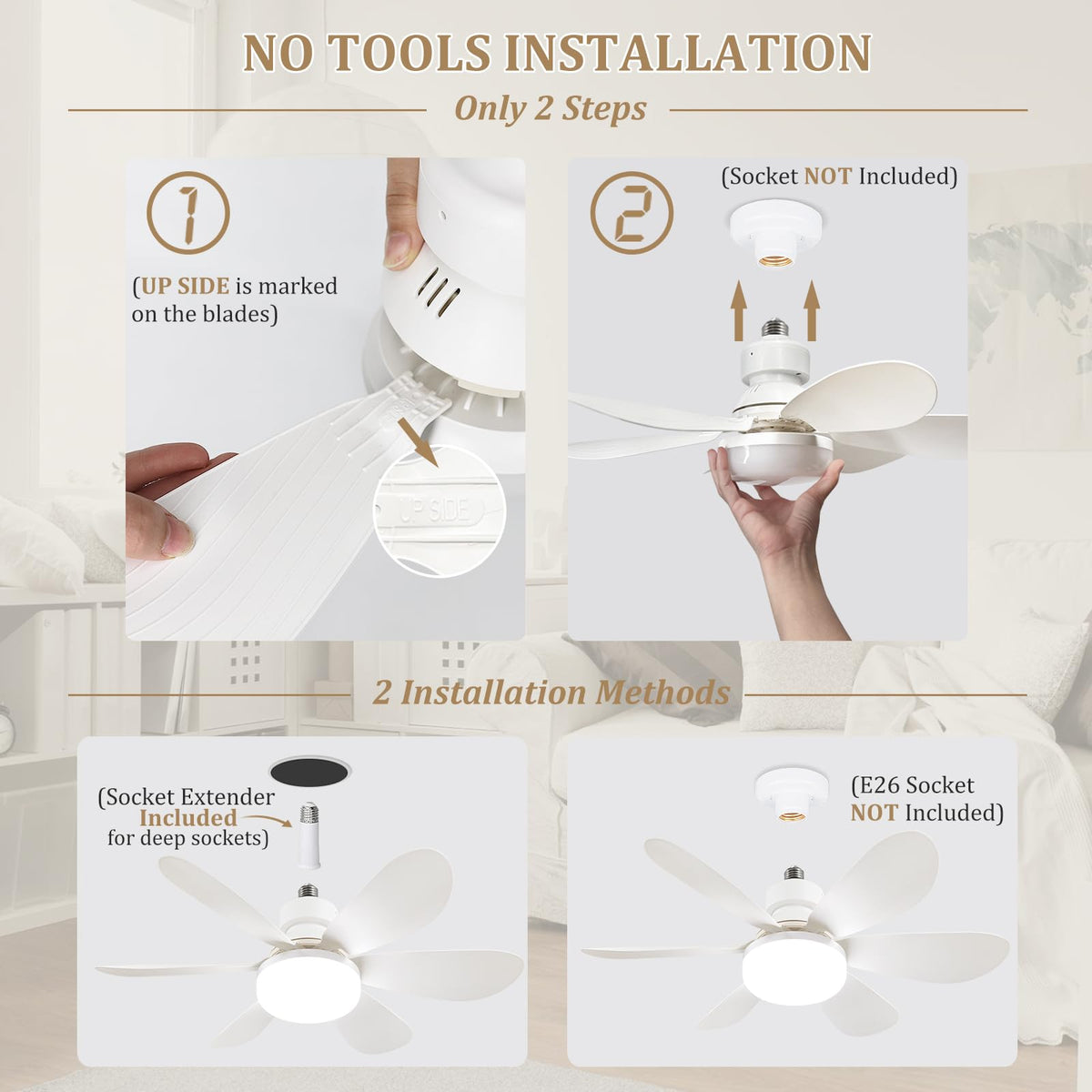 LED-lampe med loftventilator, E27 og fjernbetjening
