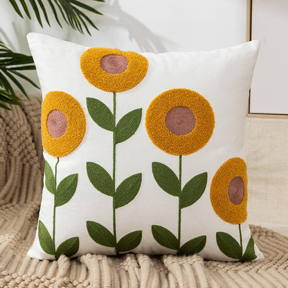 Pudebetræk i bomuldskanvas med broderede blomster – 45 × 45 cm