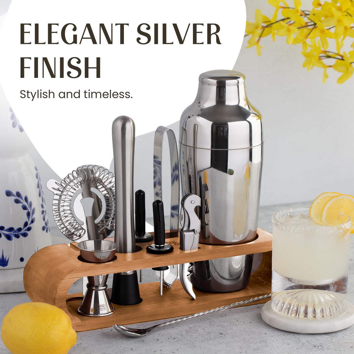 Cocktailsæt i rustfrit stål med shaker 750 ml – 10 dele