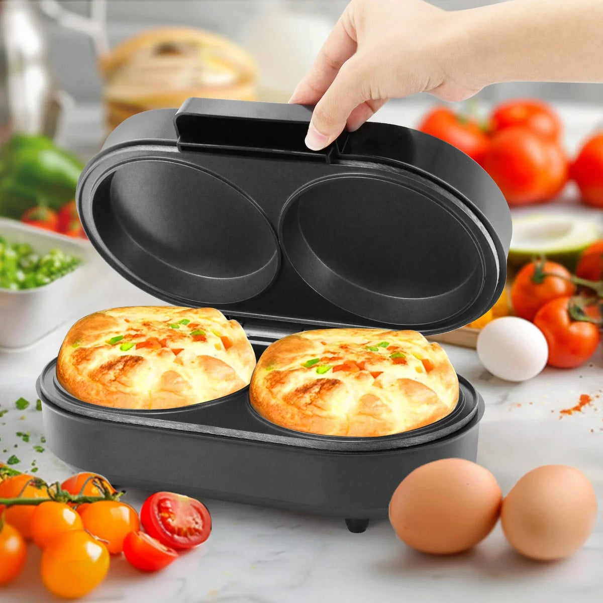 Elektrisk omeletmaskine med to non-stick-rum – 850 W – produktbillede 2