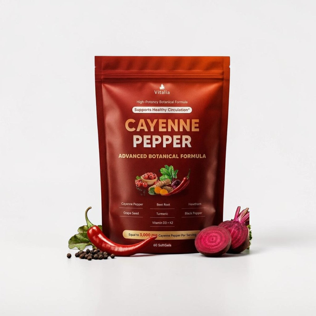Cayennepeber i softgelkapsler med hvidtjørn, ginseng, D3 og K2